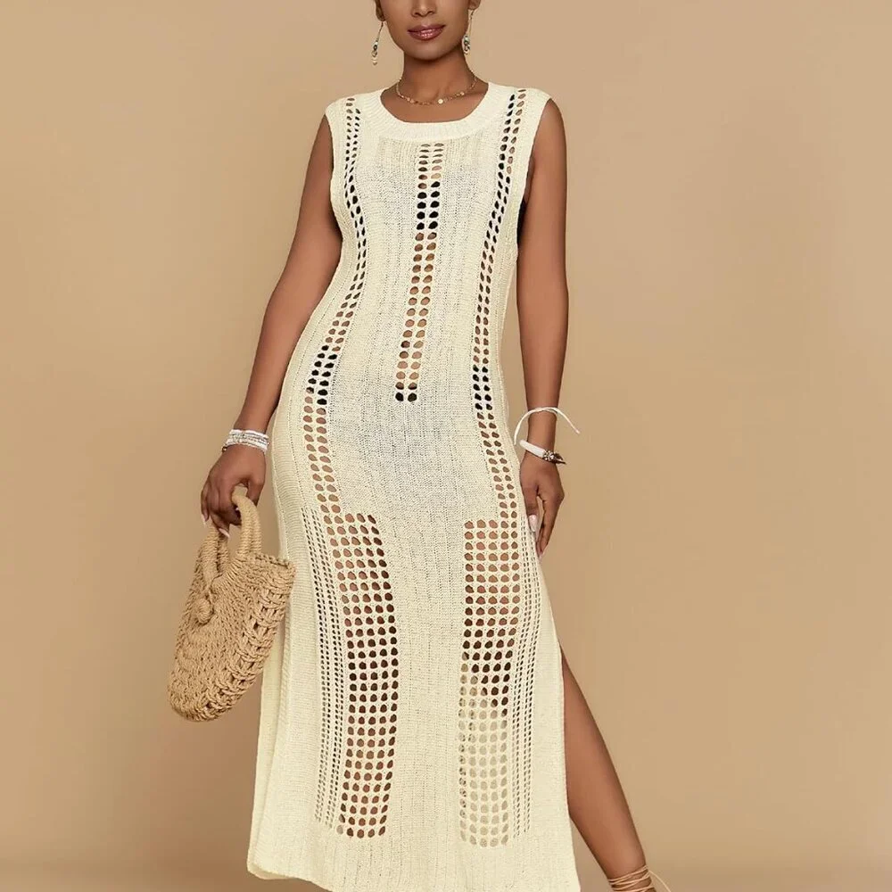 Women’s Crochet Beach Cover Up Sleeveless Summer Knit Swimwear Coverup - Picture 3 of 6